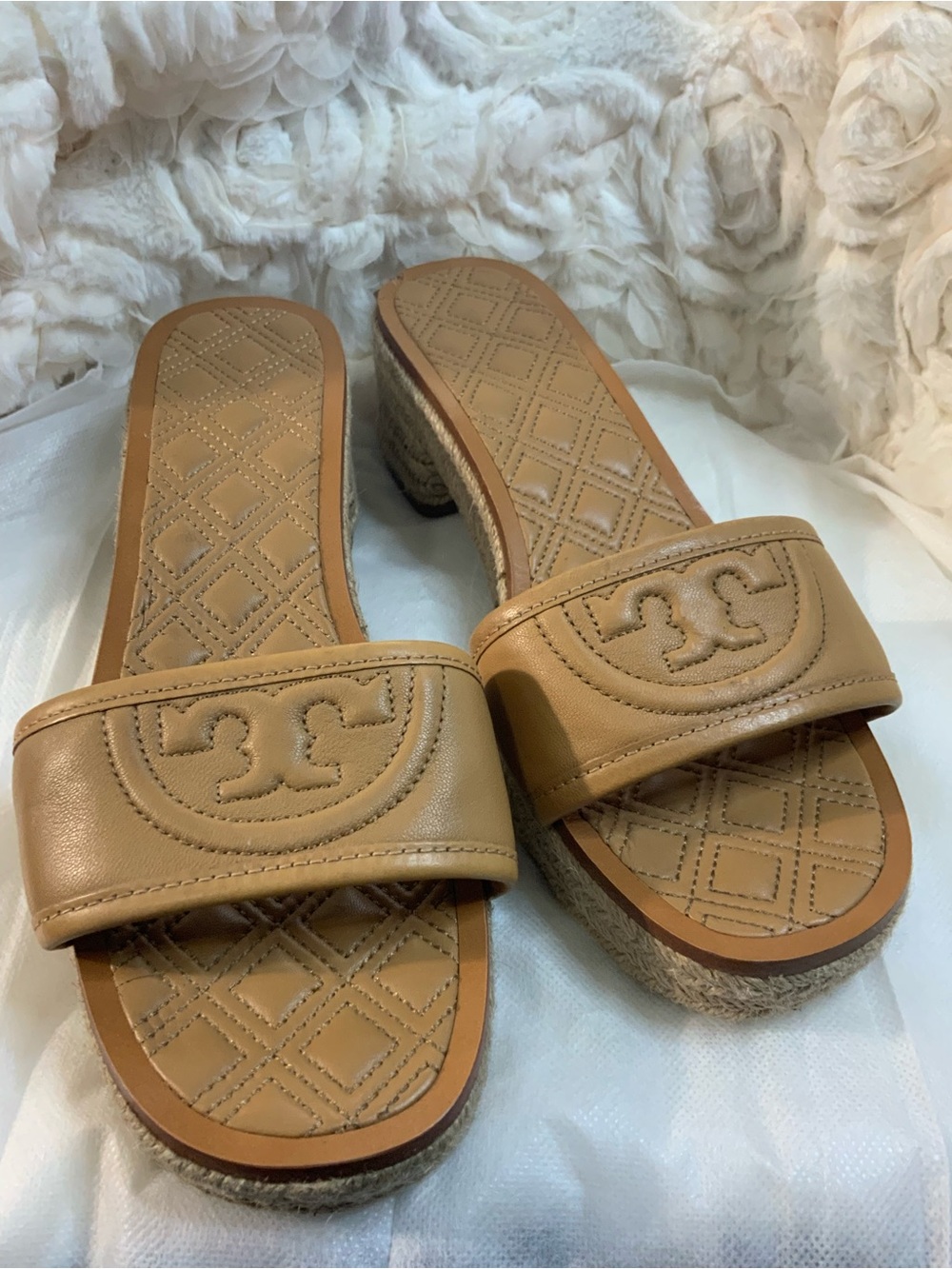 Tory Burch Tan Leather Slide Espadrille Mules